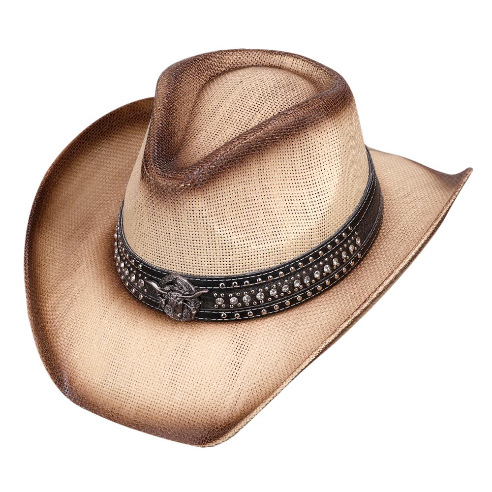 HATEGORY Metal Steer Head Studded Faux Leather Band Western Straw Cowboy Fedora Hat