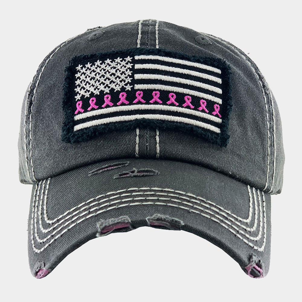 HATEGORY American USA Flag Pink Ribbon Vintage Baseball Cap