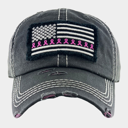HATEGORY American USA Flag Pink Ribbon Vintage Baseball Cap