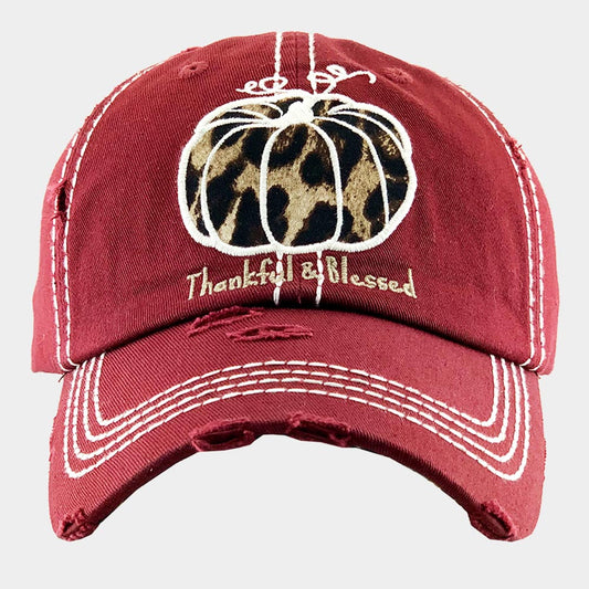 HATEGORY Leopard Patterned Pumpkin Accented Thankful & Blessed Vintage Baseball Cap