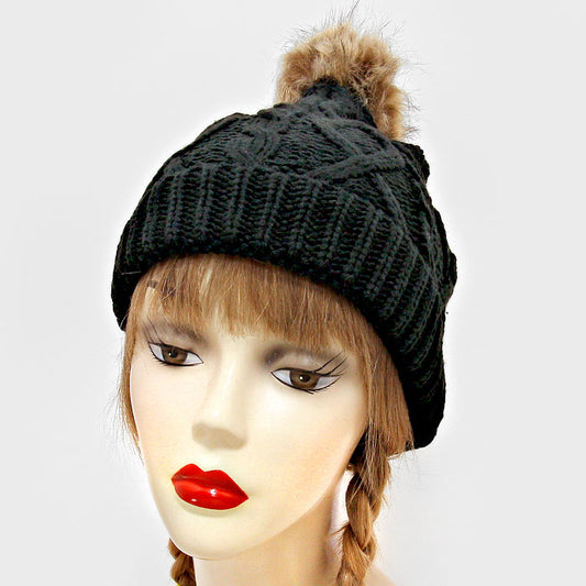 HATEGORY Fleece Lined Pom Pom Faux Fur Cable Knit Beanie Hat