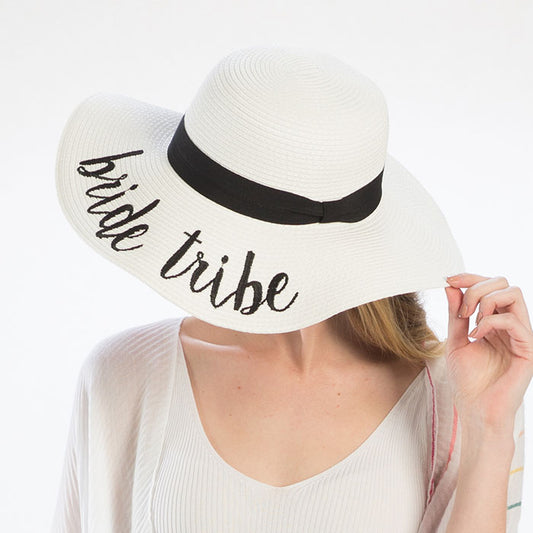 HATEGORY 'Bride Tribe' Embroidery Straw Floppy Sun Hat