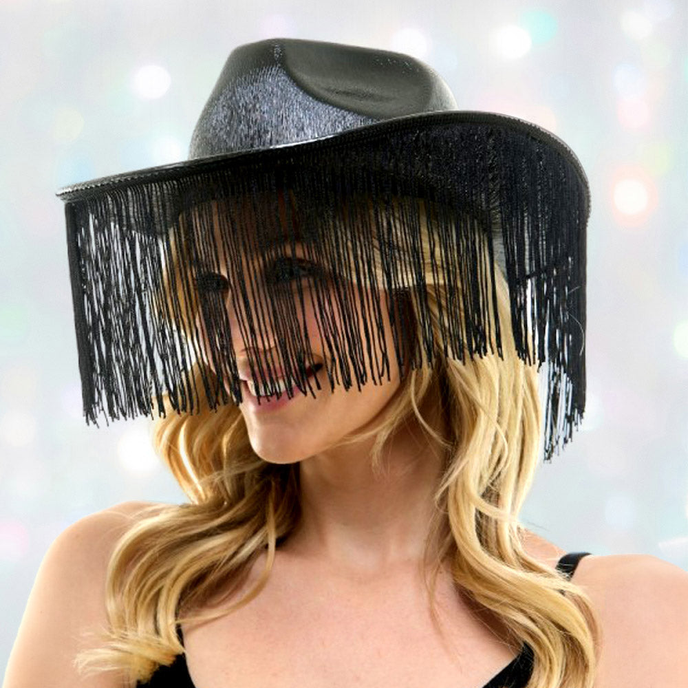 HATEGORY Shiny Western Cowboy Hat with Fringe