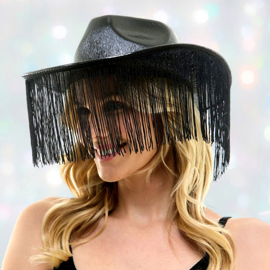 HATEGORY Shiny Western Cowboy Hat with Fringe