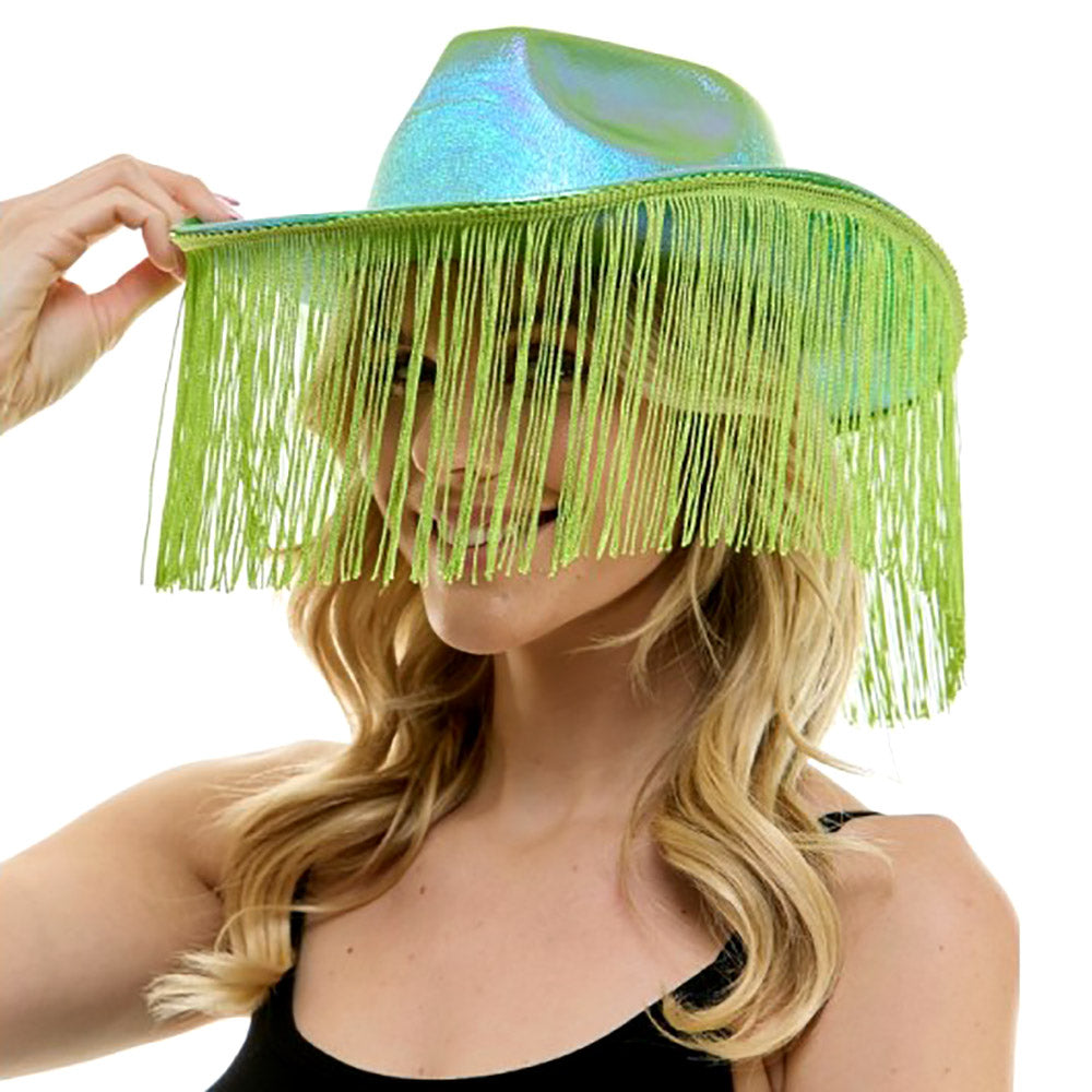 HATEGORY Shiny Western Cowboy Hat with Fringe