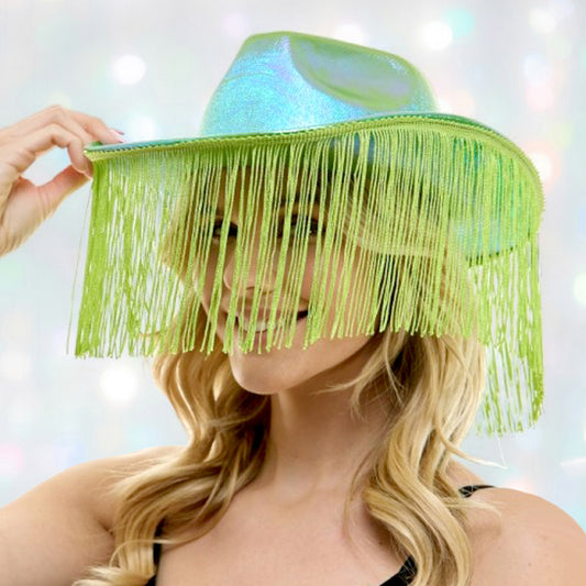 HATEGORY Shiny Western Cowboy Hat with Fringe