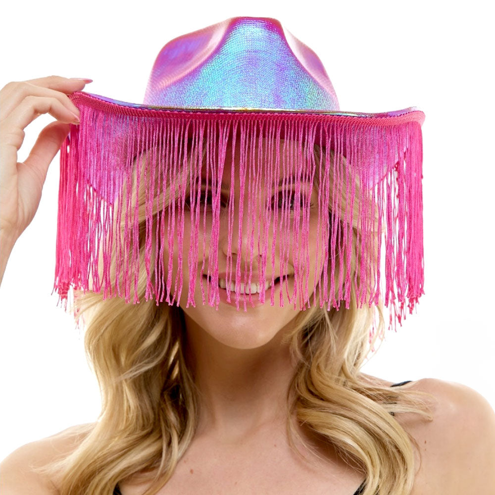 HATEGORY Shiny Western Cowboy Hat with Fringe