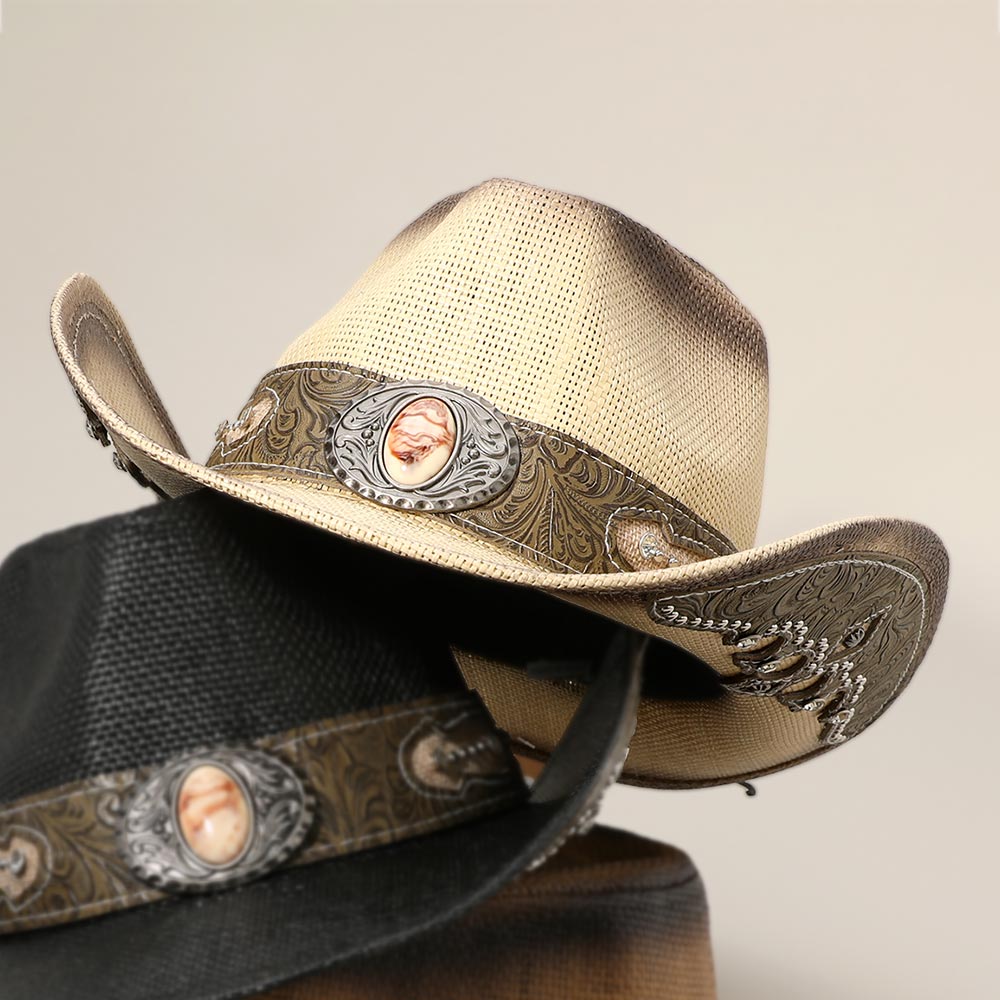 HATEGORY Stone Stud Leather Band Ornate Brim Western Straw Cowboy Fedora Hat