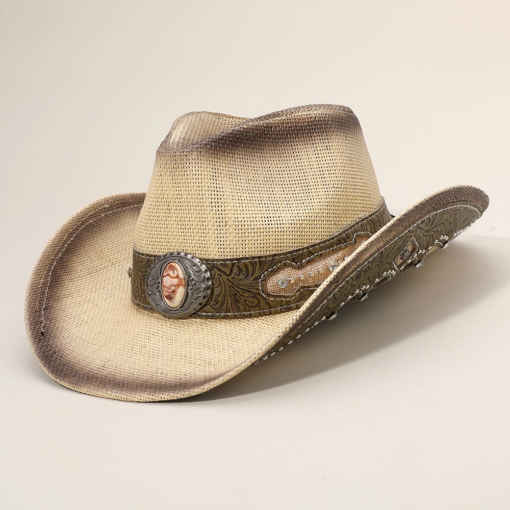 HATEGORY Stone Stud Leather Band Ornate Brim Western Straw Cowboy Fedora Hat