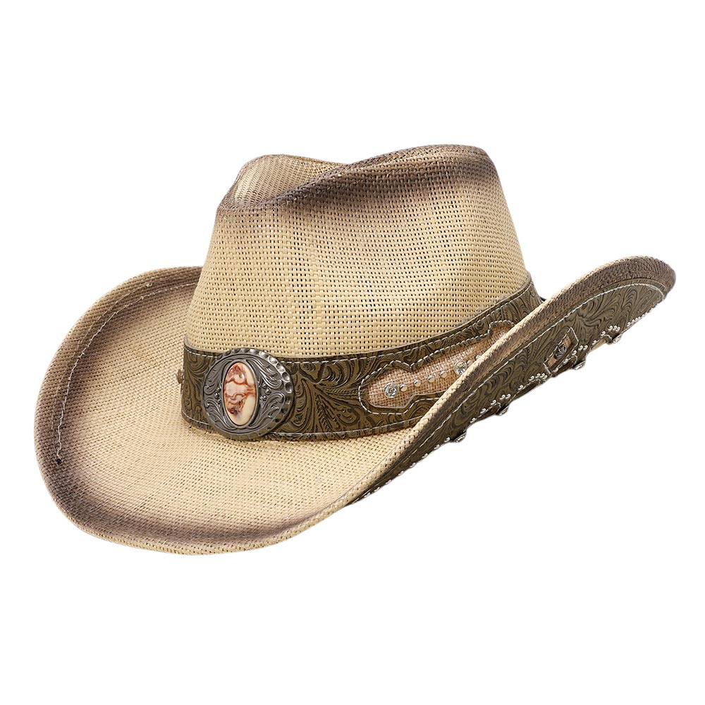 HATEGORY Stone Stud Leather Band Ornate Brim Western Straw Cowboy Fedora Hat
