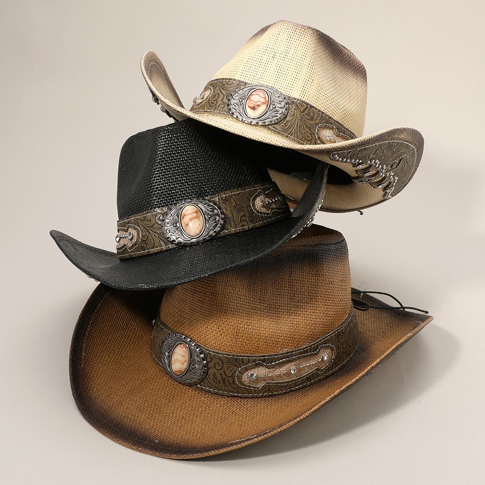 HATEGORY Stone Stud Leather Band Ornate Brim Western Straw Cowboy Fedora Hat