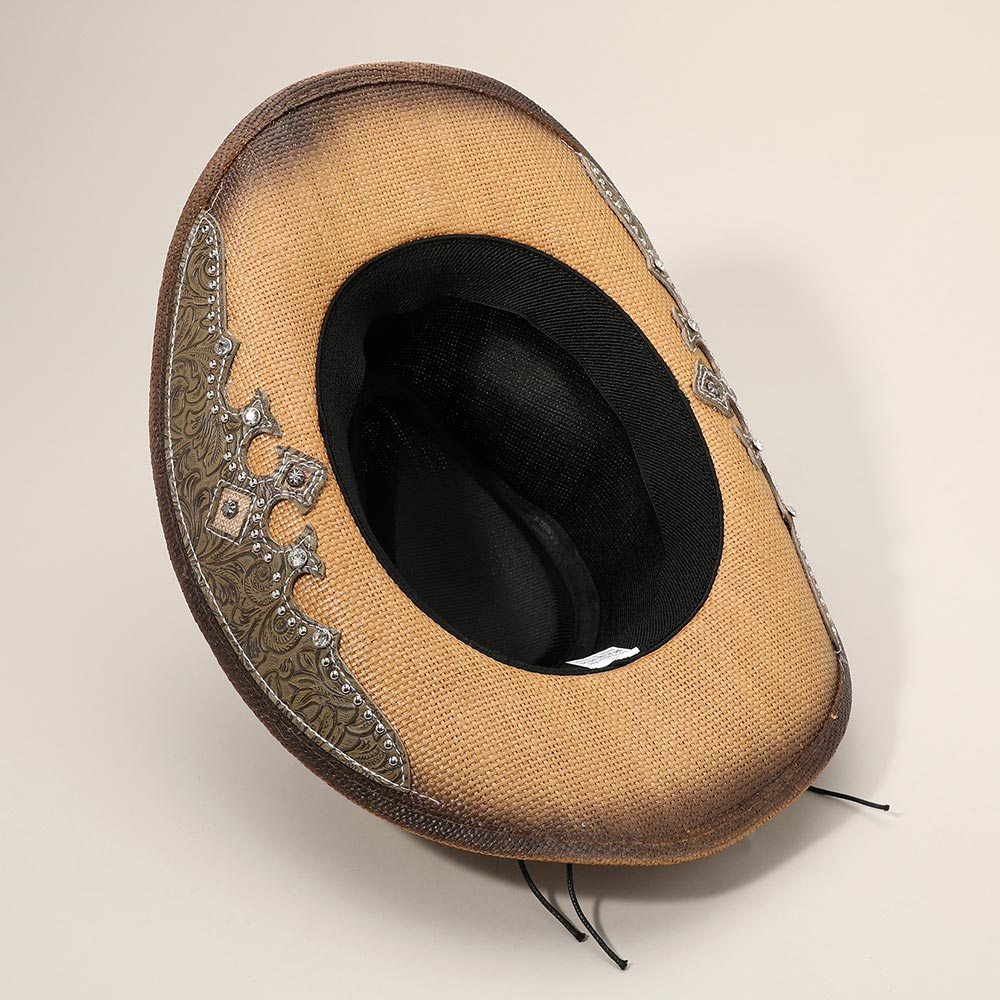 HATEGORY Stone Stud Leather Band Ornate Brim Western Straw Cowboy Fedora Hat