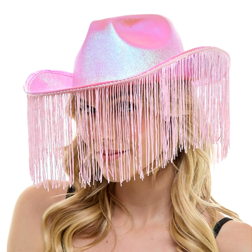 HATEGORY Shiny Western Cowboy Hat with Fringe