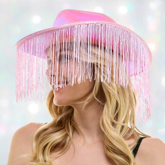 HATEGORY Shiny Western Cowboy Hat with Fringe