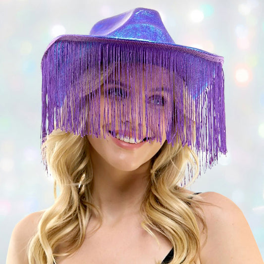 HATEGORY Shiny Western Cowboy Hat with Fringe