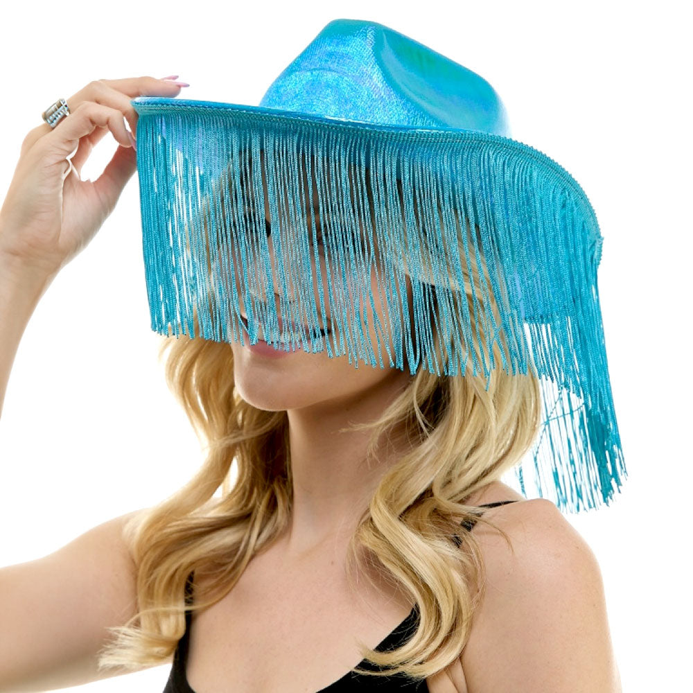 HATEGORY Shiny Western Cowboy Hat with Fringe