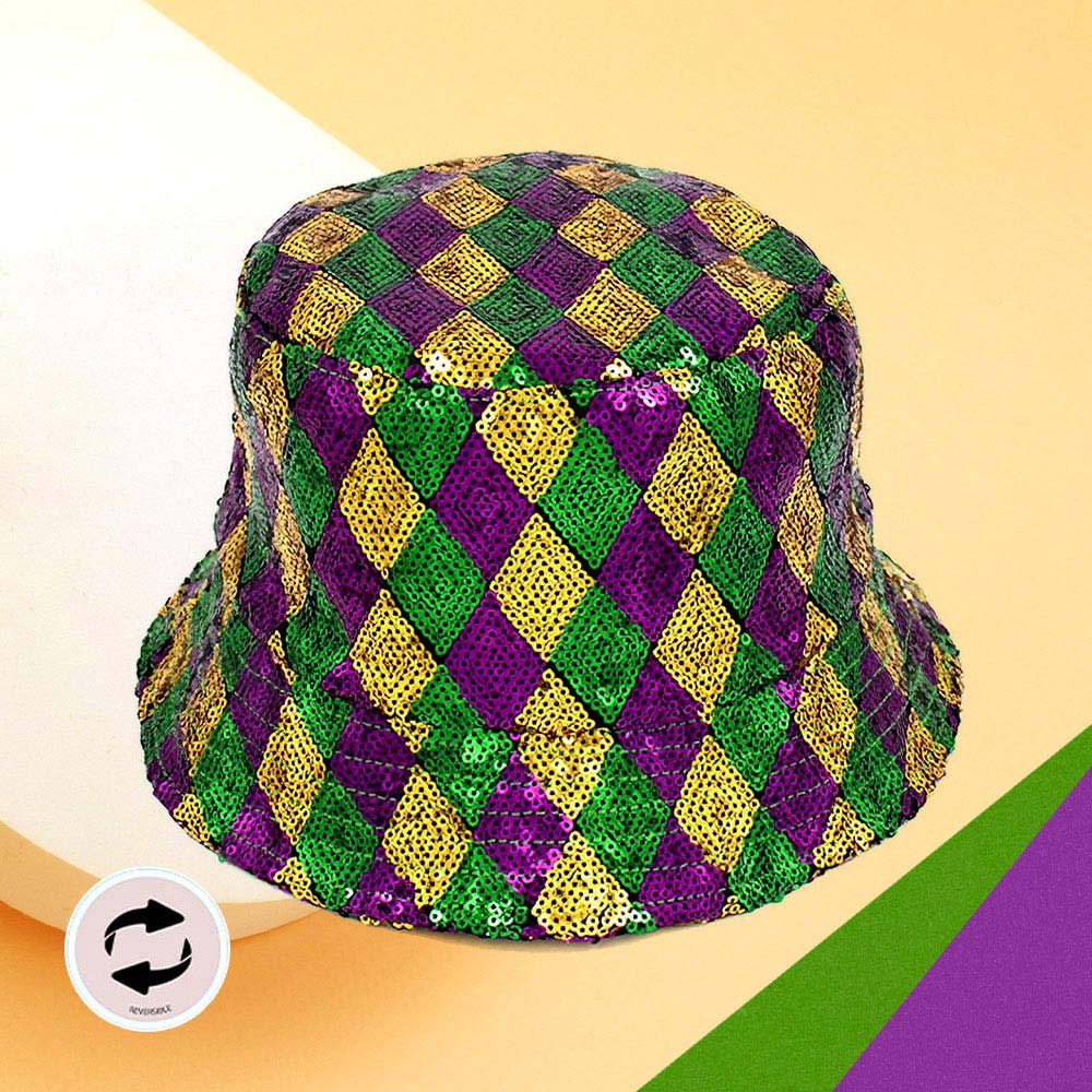 HATEGORY Mardi Gras Sequin Reversible Bucket Hat