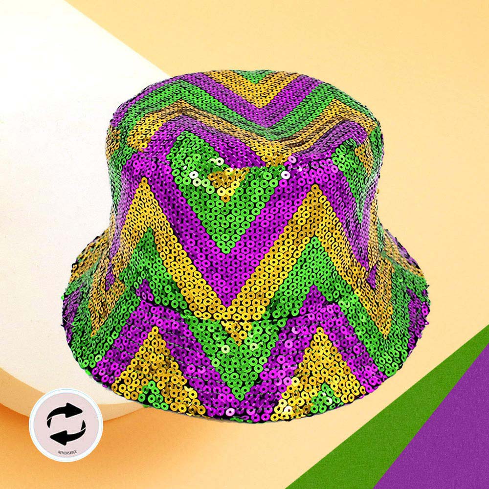 HATEGORY Mardi Gras Sequin Reversible Bucket Hat