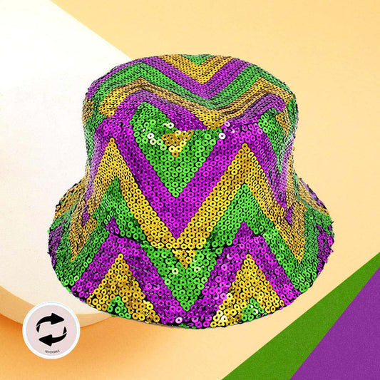 HATEGORY Mardi Gras Sequin Reversible Bucket Hat