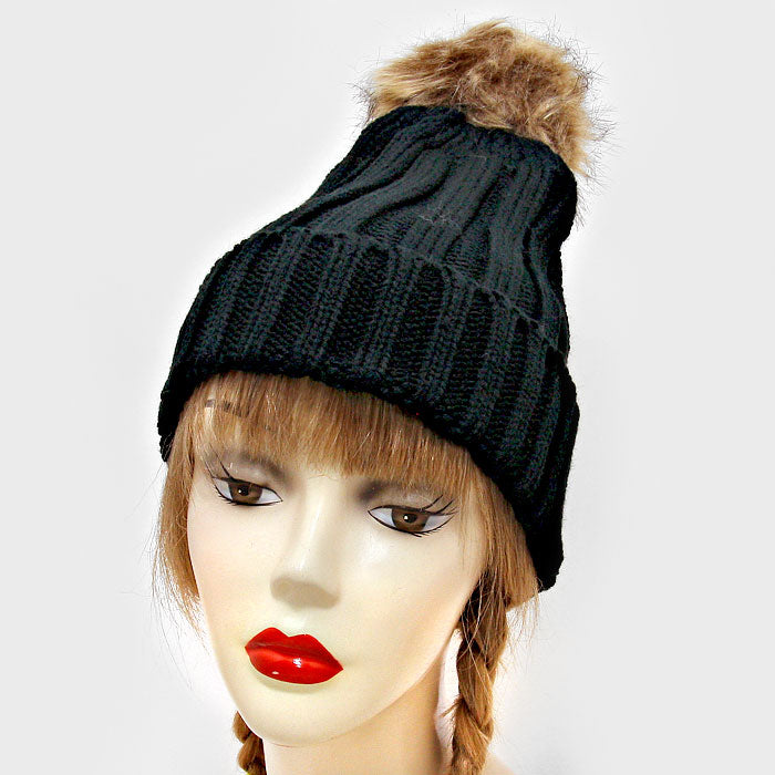 HATEGORY Pom Pom Faux Fur Knit Beanie Hat