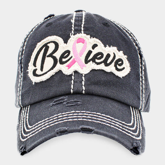 HATEGORY Believe Message Pink Ribbon Accented Vintage Baseball Cap
