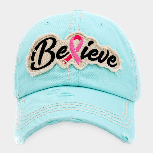 HATEGORY Believe Message Pink Ribbon Accented Vintage Baseball Cap