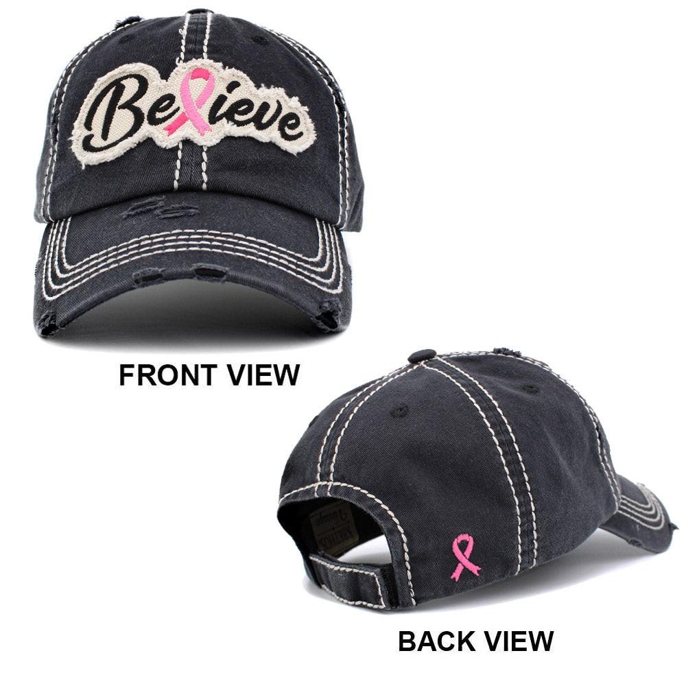 HATEGORY Believe Message Pink Ribbon Accented Vintage Baseball Cap