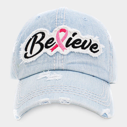 HATEGORY Believe Message Pink Ribbon Accented Vintage Baseball Cap