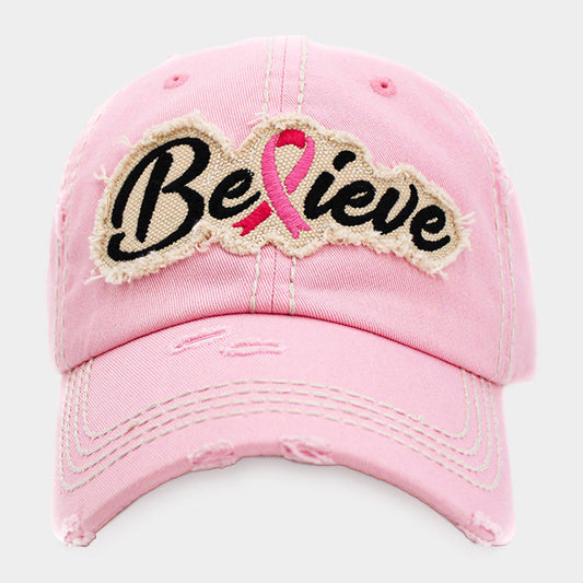 HATEGORY Believe Message Pink Ribbon Accented Vintage Baseball Cap