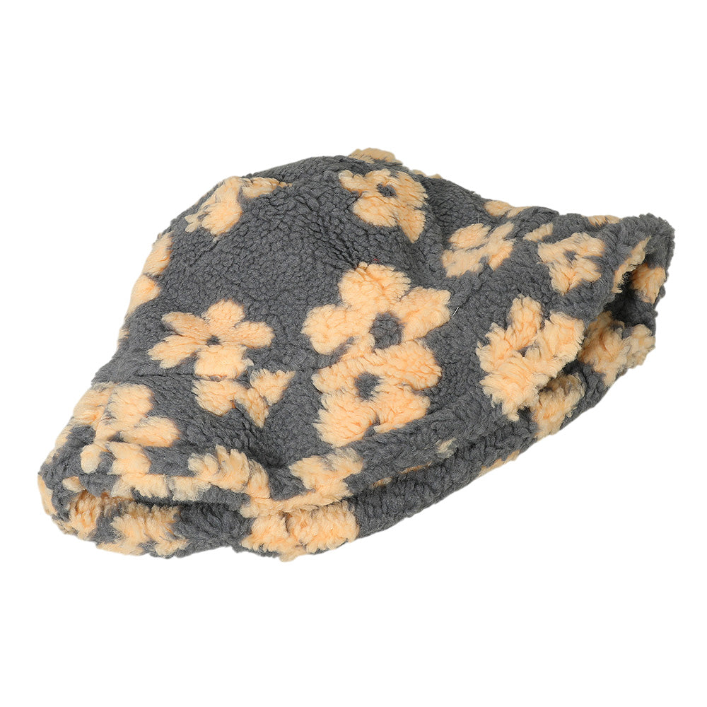 HATEGORY Faux Fur Plush Floral Pattern Winter Bucket Hat