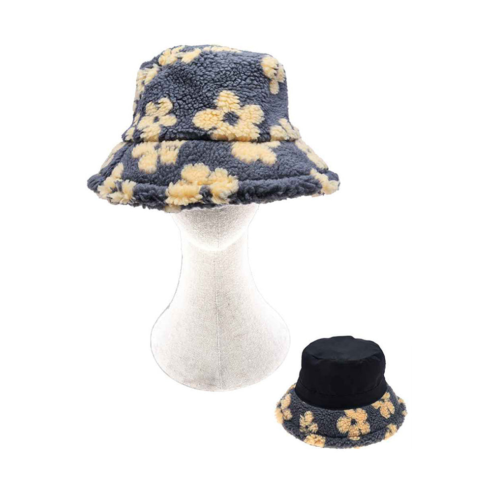 HATEGORY Faux Fur Plush Floral Pattern Winter Bucket Hat