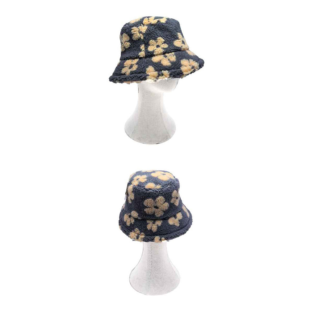 HATEGORY Faux Fur Plush Floral Pattern Winter Bucket Hat