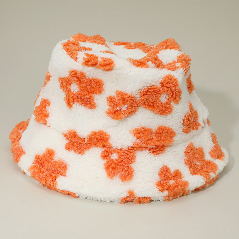 HATEGORY Faux Fur Plush Floral Pattern Winter Bucket Hat