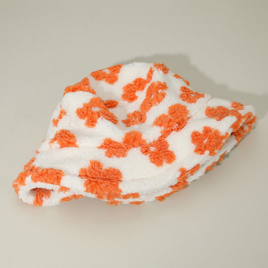 HATEGORY Faux Fur Plush Floral Pattern Winter Bucket Hat