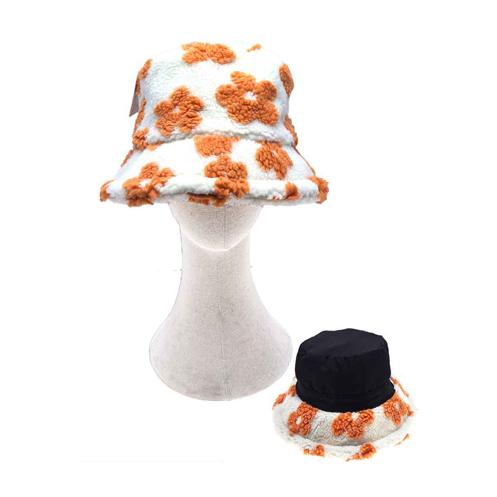 HATEGORY Faux Fur Plush Floral Pattern Winter Bucket Hat