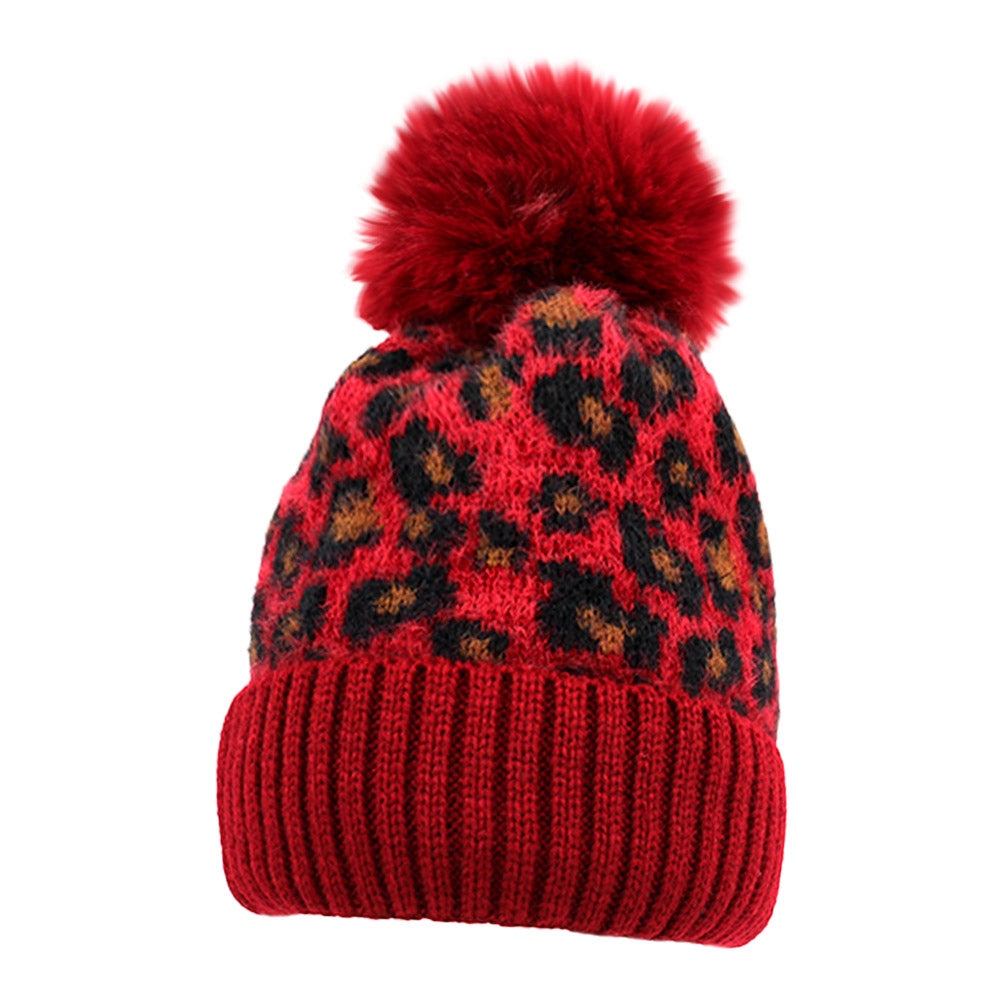 HATEGORY Leopard Pattern Pom Pom Beanie Hat