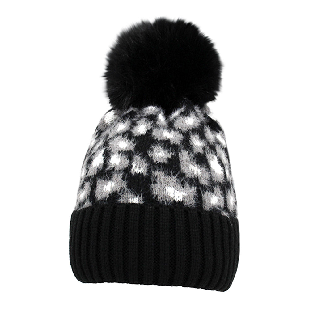 HATEGORY Leopard Pattern Pom Pom Beanie Hat