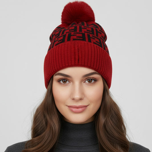 HATEGORY Greek Geometric Patterned Pom Pom Beanie Hat