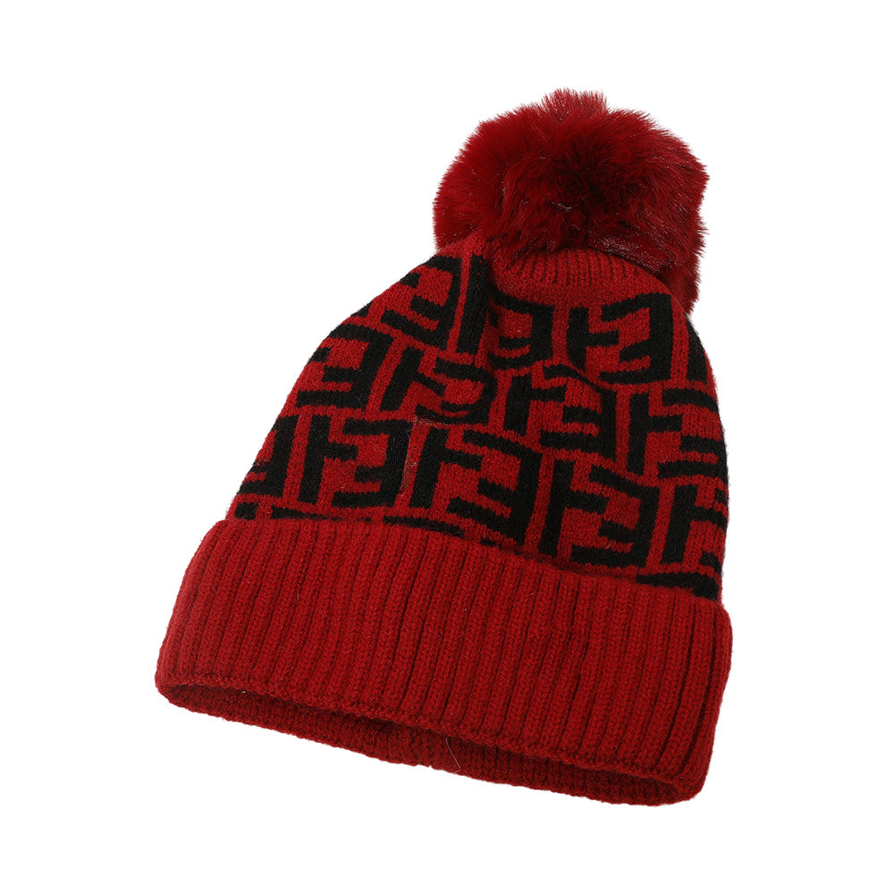 HATEGORY Greek Geometric Patterned Pom Pom Beanie Hat
