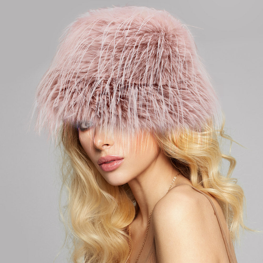 HATEGORY Faux Fur Feather Bucket Hat