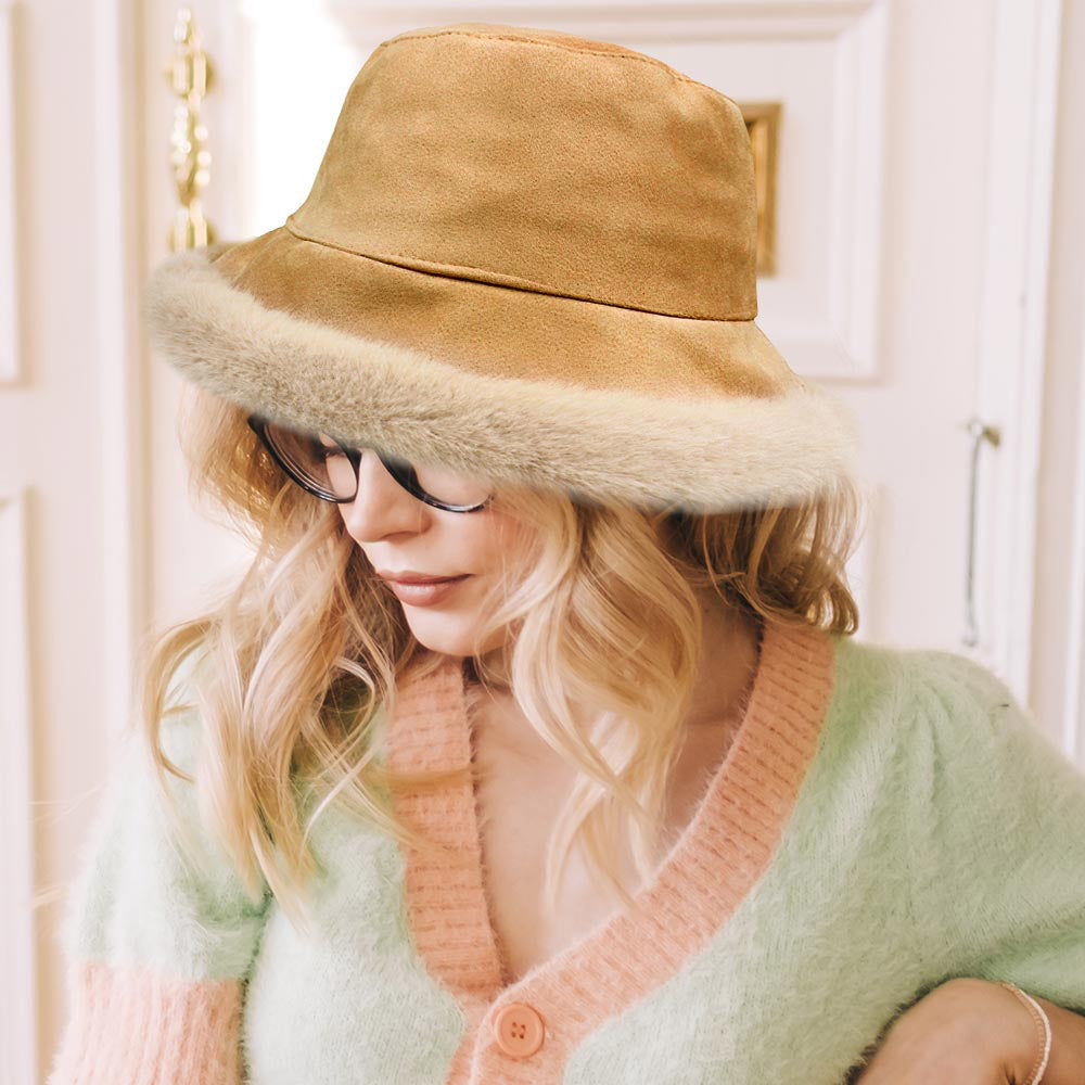 HATEGORY Solid Faux Suede Plush Bucket Hat