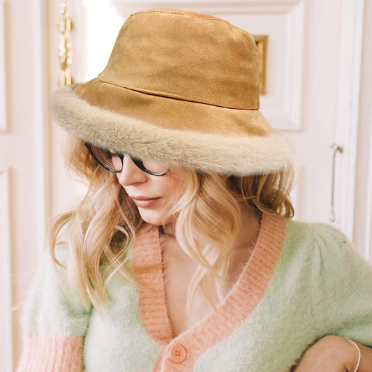 HATEGORY Solid Faux Suede Plush Bucket Hat