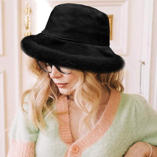 HATEGORY Solid Faux Suede Plush Bucket Hat