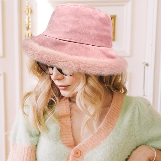 HATEGORY Solid Faux Suede Plush Bucket Hat