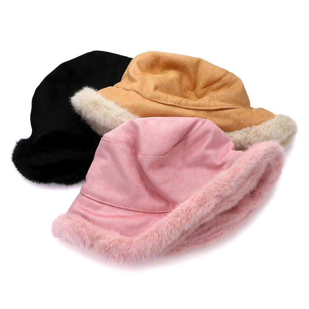 HATEGORY Solid Faux Suede Plush Bucket Hat