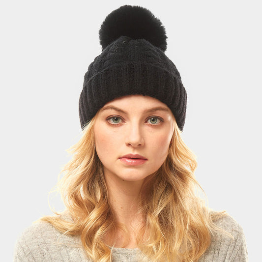 HATEGORY Cable Knit Pom Pom Solid Beanie Hat