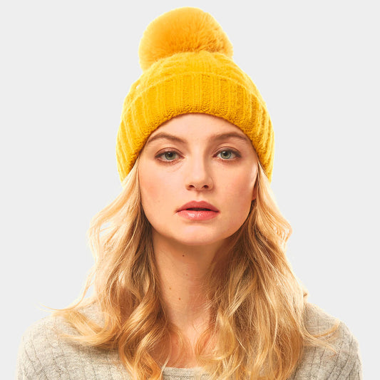 HATEGORY Cable Knit Pom Pom Solid Beanie Hat