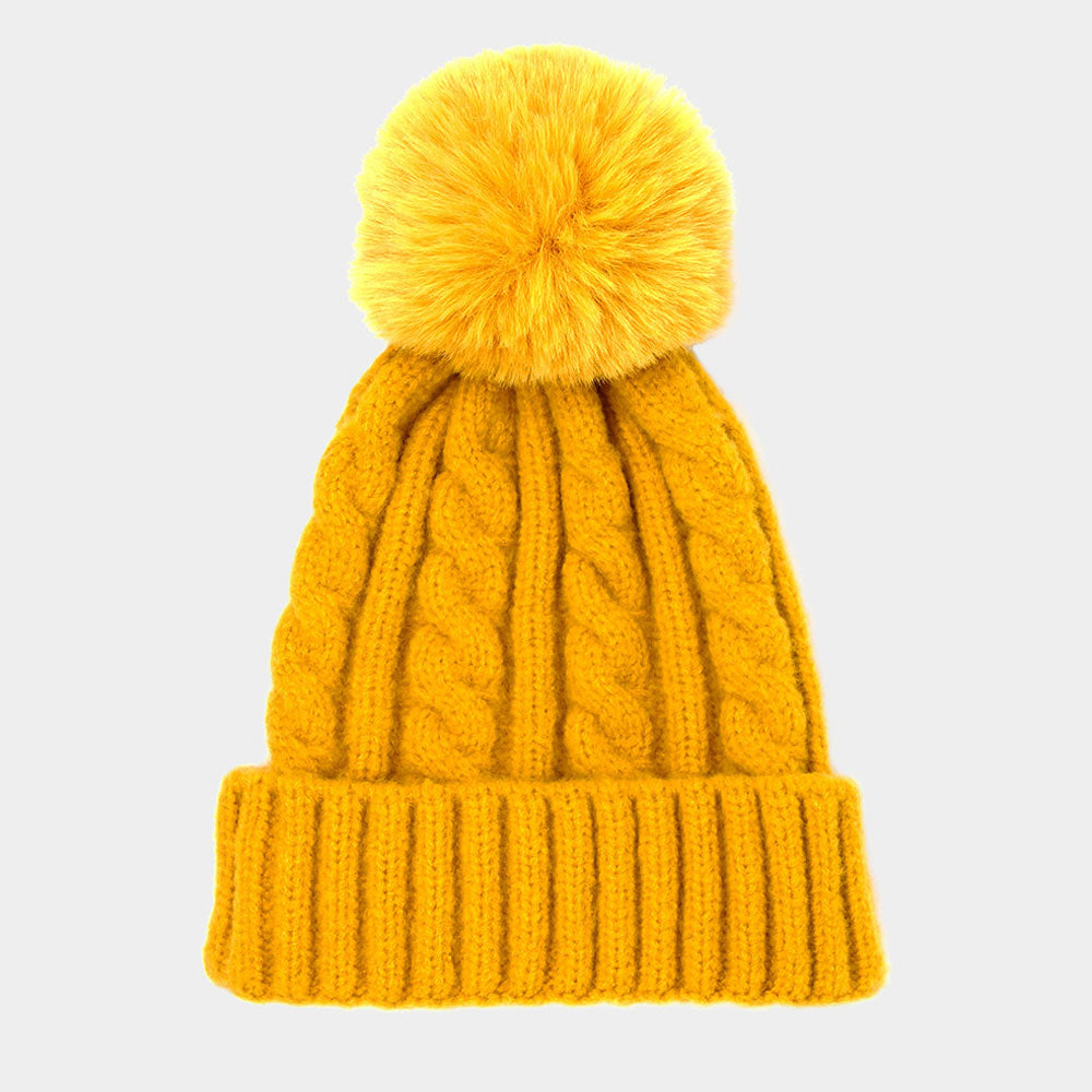 HATEGORY Cable Knit Pom Pom Solid Beanie Hat