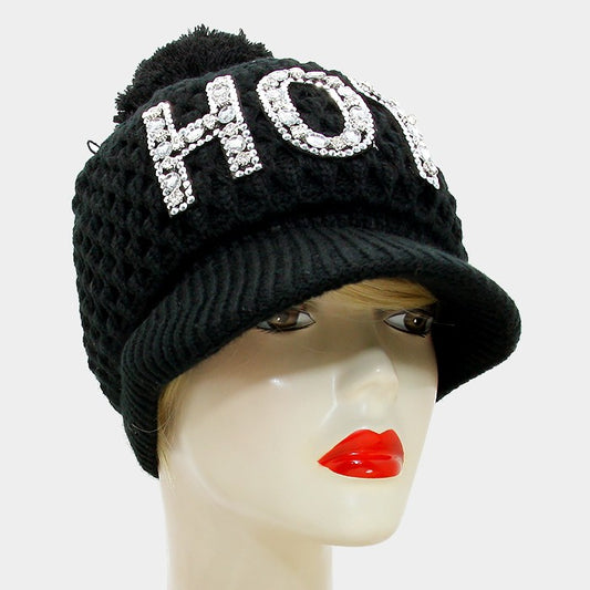 HATEGORY "Hot" Bling Crystal Knit Pom Pom Hat