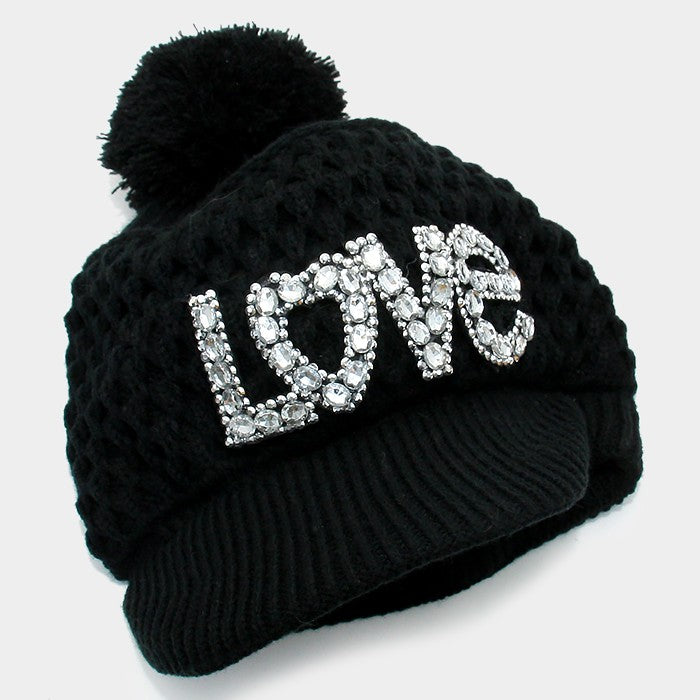 HATEGORY "Love" Bling Crystal Knit Pom Pom Hat